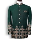 Regal Elegance: Deep Green Prince Coat with Golden Embellishment
