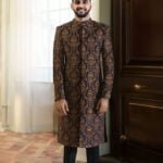 Blue Embellished Sherwani with Damask Design